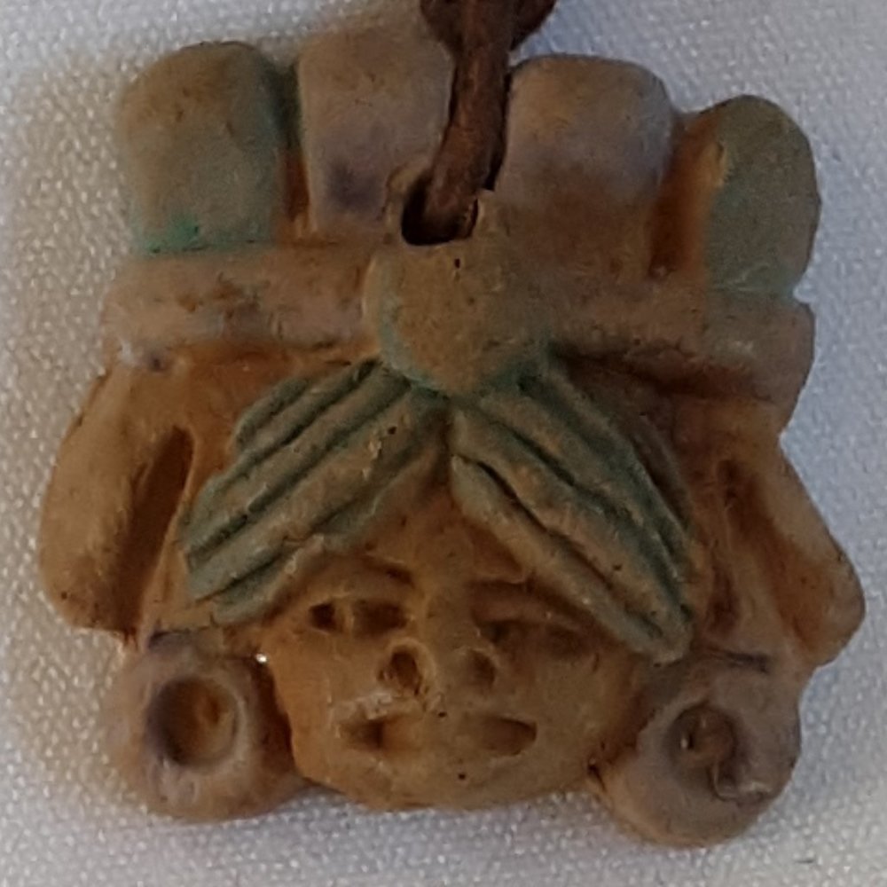 Pottery Aztec Head Bust Necklace Vintage Handcrafted Leather Knotted Cord - Picture 3 of 9